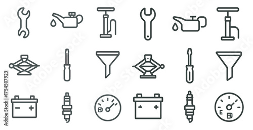 Automotive tools outline icons set – mechanical, repair, car maintenance symbols