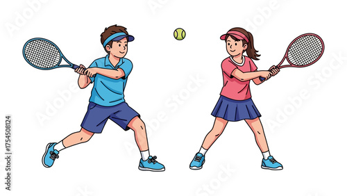 Tennis Match: Two young players, engrossed in a dynamic tennis match, their racquets poised to strike the ball with precision and skill. Capturing the essence of youthful competition.