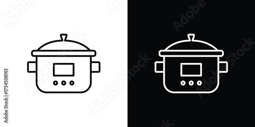 Crock pot icon in black line illustration. Design logo for app, UI.