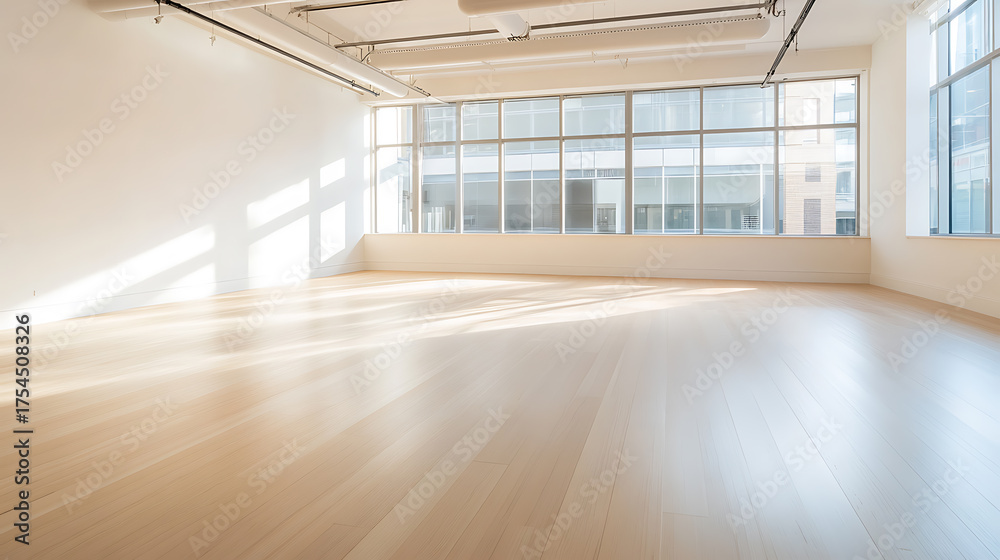 Obraz premium Bright, empty room with hardwood floors and large windows letting in sunlight. Spacious, versatile interior perfect for various uses.