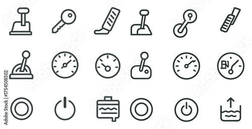 Automotive linear icons set – outline, vehicle and car dashboard symbols