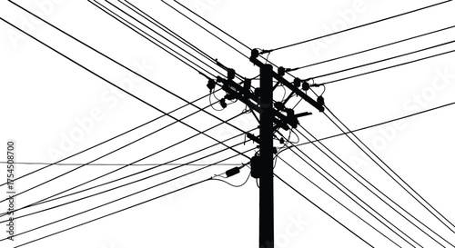 Silhouette vector illustration of electricity power pole with multiple cable lines, industrial energy connection, urban electrical network, and infrastructure distribution design