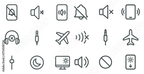 Mute and sound off icons set – outline, linear, audio control and notification symbols