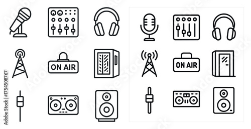 Broadcast and media outline icons set – line, audio, microphone and radio symbols