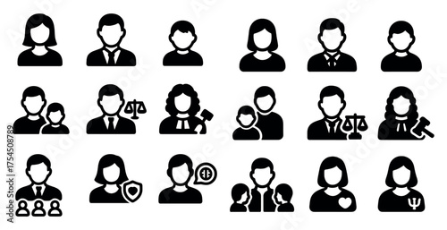 Law and justice silhouette icons set – solid, filled, legal and courtroom symbols