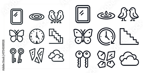 Nature and time outline icons set – linear, clock, outdoor and wildlife symbols