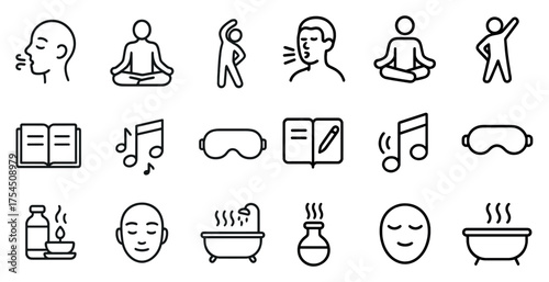Mindfulness and relaxation line icons set – outline, meditation, wellness symbols