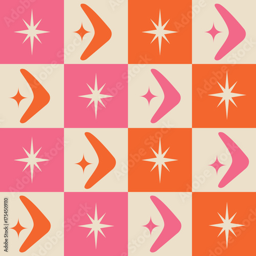 Checkered Mid century Atomic starbursts and Boomerangs seamless pattern in orange, pink and beige. For wallpaper, textile, home décor and fabric