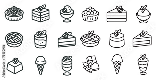 Dessert and sweets outline icons set – cakes, pastries, confectionery symbols