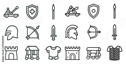 Medieval warfare outline icons set – siege, battle, armory symbols