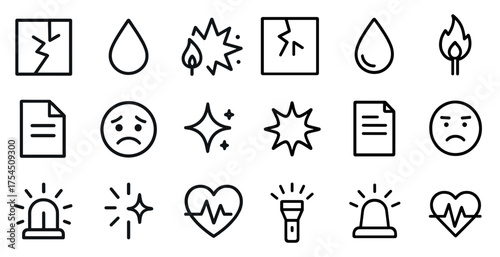 Warning and caution icons set – linear, outline, alert and safety symbols