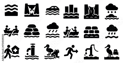 Water conservation solid icons set – filled, outline, sustainability symbols