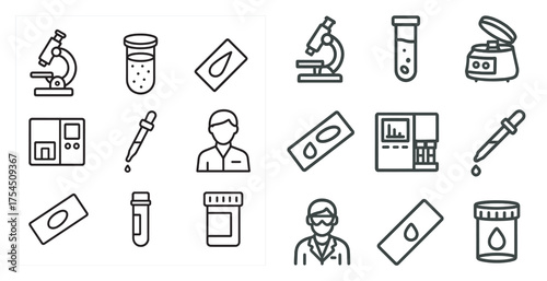 Science and laboratory outline icons set – microscope, test tube, medical symbols