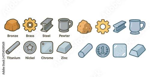 Metals and minerals icons set – flat, filled, mining and industry symbols collection