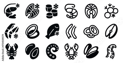 Seafood and shellfish silhouette icons set – solid, filled, culinary and ocean symbols