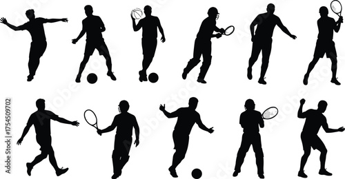Silhouette vector illustration of male athletes playing multiple sports including soccer, basketball, and tennis, dynamic player poses design for training, fitness, and competition concepts