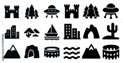 Adventure and nature filled icons set – solid, silhouette, outdoor exploring symbols