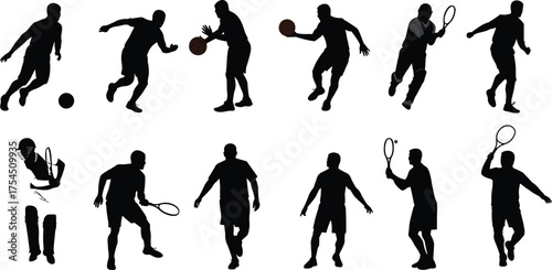 Silhouette vector illustration of male athletes playing tennis, soccer, and basketball in dynamic motion, sports training and competition concept for fitness and activity design