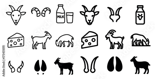 Farm animals outline icons set – linear, silhouette, livestock and agriculture symbols