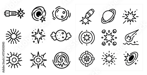 Space exploration icons set – outline, linear, cosmic, astronomical symbols
