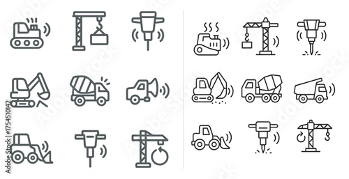Construction and machinery outline icons set – line, linear, building and equipment symbols