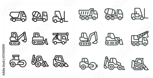 Construction and machinery outline icons set – flat, equipment, building tools graphics