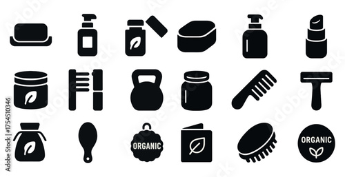 Organic personal care solid icons set – filled, silhouette, hygiene and wellness symbols