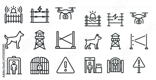 Security and surveillance line icons set – linear, outline, protection symbols