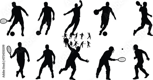 Silhouette vector illustration of male athletes playing various sports including soccer, basketball, and tennis, dynamic action poses concept for exercise, fitness, and competition design