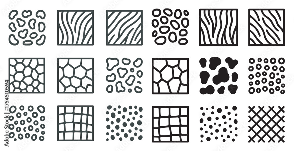 Fototapeta premium Animal pattern silhouette icons set – abstract, outline, nature-inspired graphics