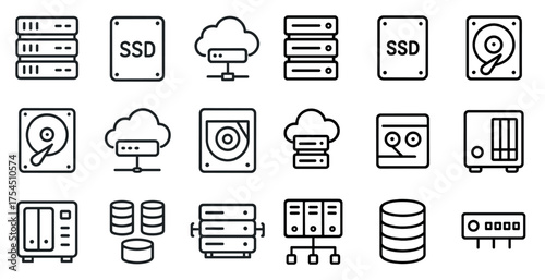 Data storage outline icons set – device, hardware, technology symbols