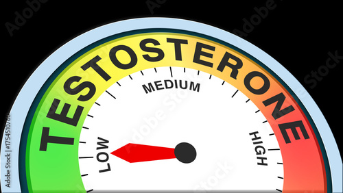 Testosterone low, concept illustration showing reduced hormone levels, weak vitality, or minimal male hormone activity. Ideal for health, medical, or wellness visuals in charts, meters, or text format
