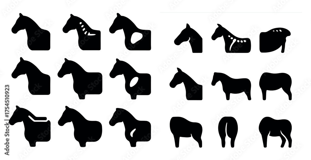 Fototapeta premium Equestrian silhouette icons set – solid, filled, horse and riding symbols