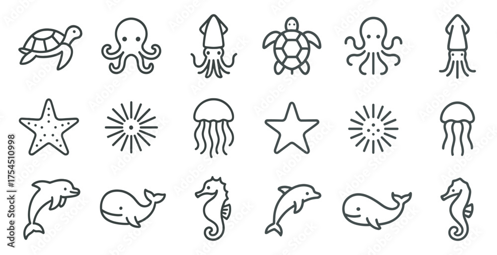 Obraz premium Marine life outline icons set – aquatic, silhouette, ocean and sea creatures symbols