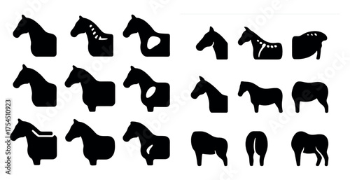 Equestrian silhouette icons set – solid, filled, horse and riding symbols