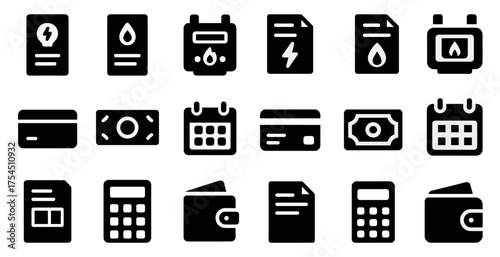 Finance and utility solid icons set – billing, payment, and service symbols