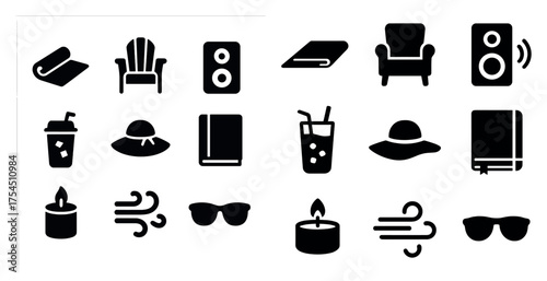 Home and leisure solid icons set – filled, relaxing, domestic life symbols