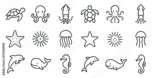 Marine life outline icons set – aquatic, silhouette, ocean and sea creatures symbols