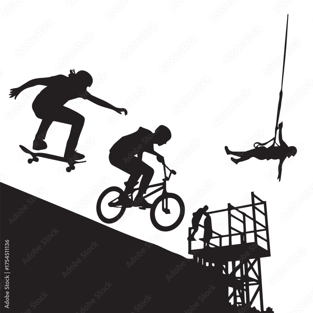 Naklejka premium Extreme sports silhouettes. Skateboarder and BMX riders performing stunts and jumps vector illustration.