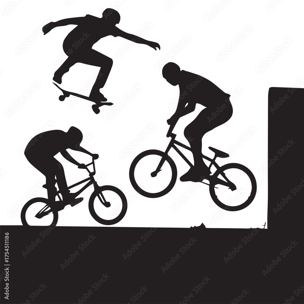Obraz premium Extreme sports silhouettes. Skateboarder and BMX riders performing stunts and jumps vector illustration.