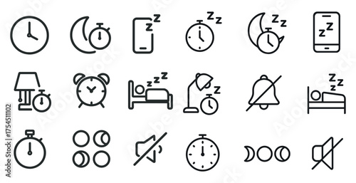 Sleep and time management icons set – line, outline, rest and alarm symbols
