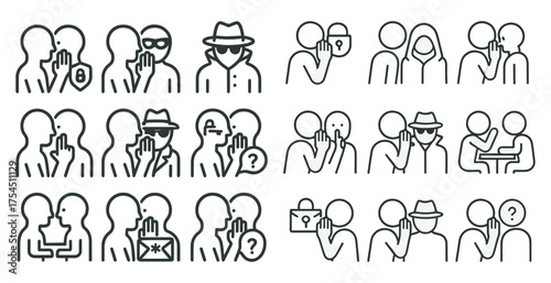 Spy and secret agent outline icons set – linear, silhouette, covert operation graphics