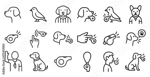 Dog and bird training line icons set – outline, whistle, animal care symbols