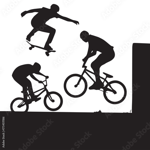 Extreme sports silhouettes. Skateboarder and BMX riders performing stunts and jumps vector illustration.