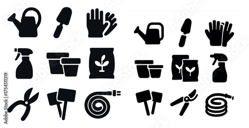 Gardening silhouette icons set – solid, filled, plant and tool symbols