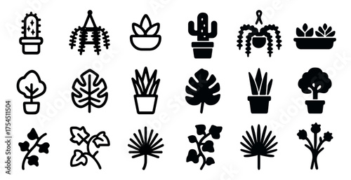 Botanical solid icons set – plants, foliage, nature symbols for design