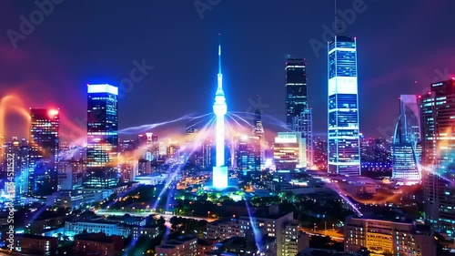 Wallpaper Mural A vibrant night cityscape with glowing towers and light trails, enhanced with neon effects Torontodigital.ca