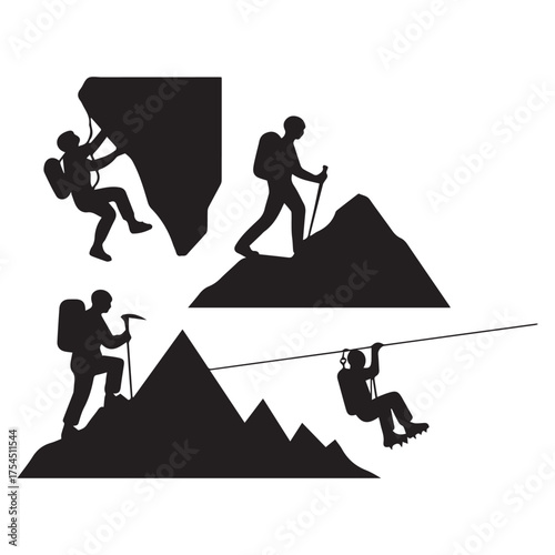 Mountain adventure silhouettes set. Climbing, hiking, trekking, and zipline vector illustration.