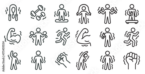 Fitness and exercise icons set – outline, linear, gym and workout symbols