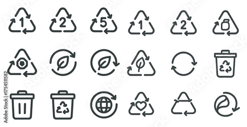Recycling and sustainability outline icons set – eco, environment, waste management symbols